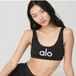 ALO YOGA Ambient Logo Sports Bra Black White Medium